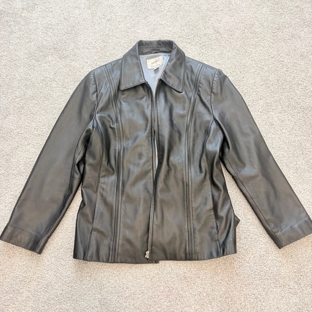 Jacqueline Ferrari Lambskin Leather Jacket Womens XL Black Full Zip Y2K 90s